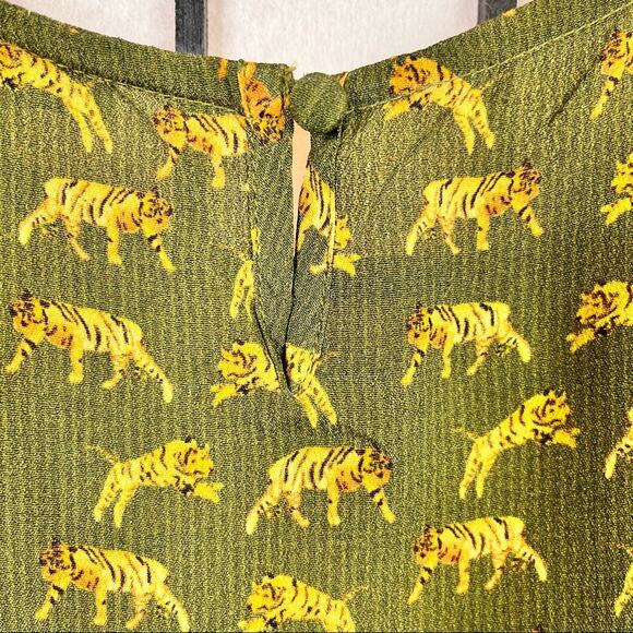 Anthropologie Conditions Apply Olive Green Tiger Print Ruffle Sleeve Dress - Picture 15 of 15